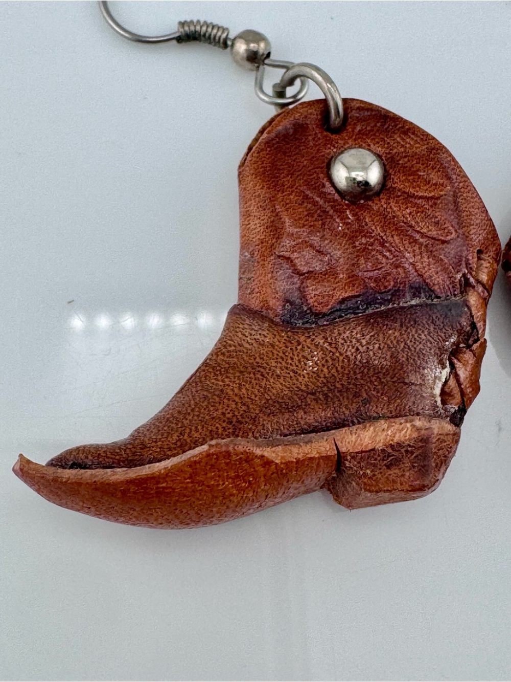 Brown Leather Cowboy Boot Earrings Western Cowgirl Tooled Dangle Jewelry - Picture 5 of 16